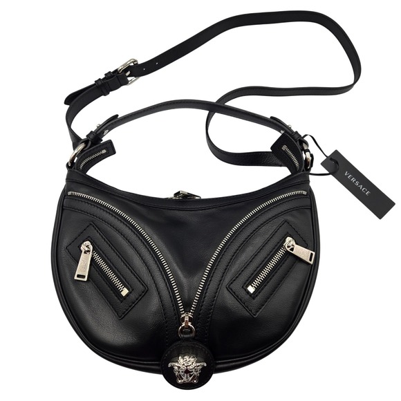 Versace Handbags - NWT Versace Repeat Small Hobo Bag Black Leather Medusa Biker Zipper